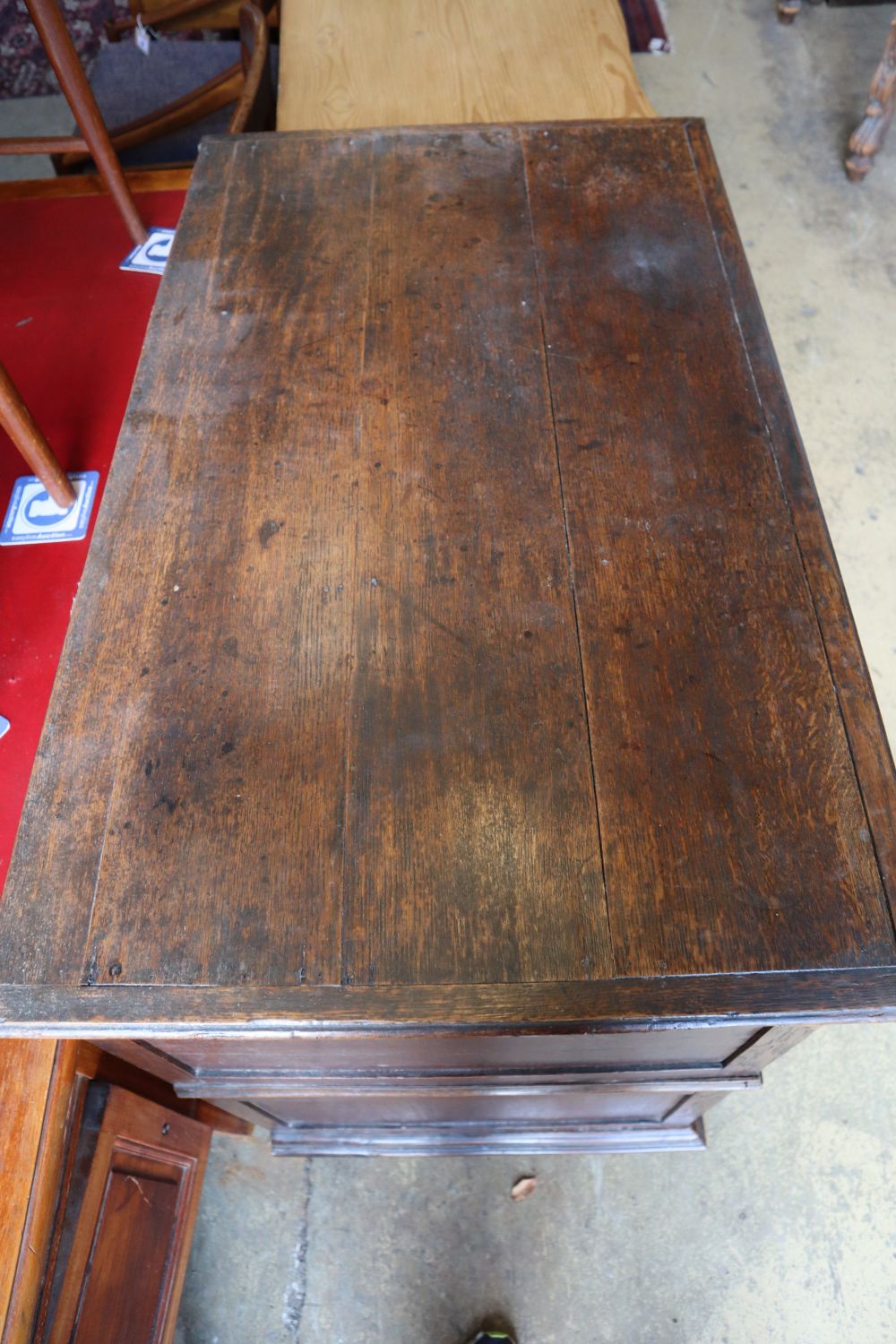 An 18th century oak geometric moulded two part chest of drawers, width 101cm depth 60cm height 91cm